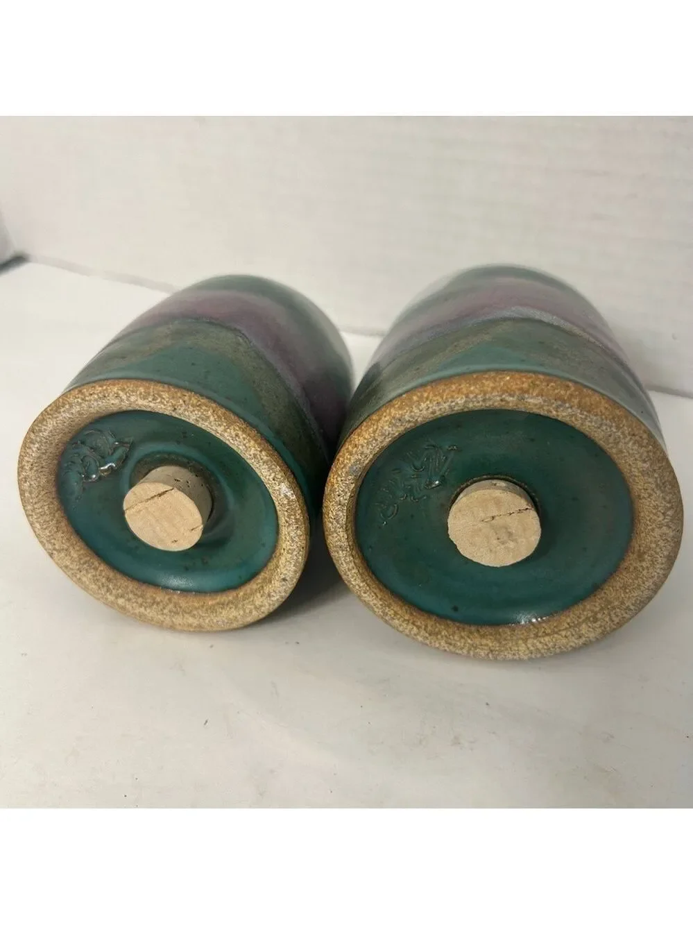 Vintage Art Pottery Ceramic Salt Pepper Shakers Drip Glaze Purple Green 1.5x3”